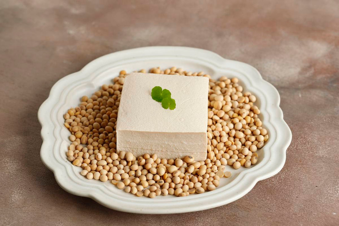 kostka tofu i ziarna soi ułożone na białym talerzu na stole